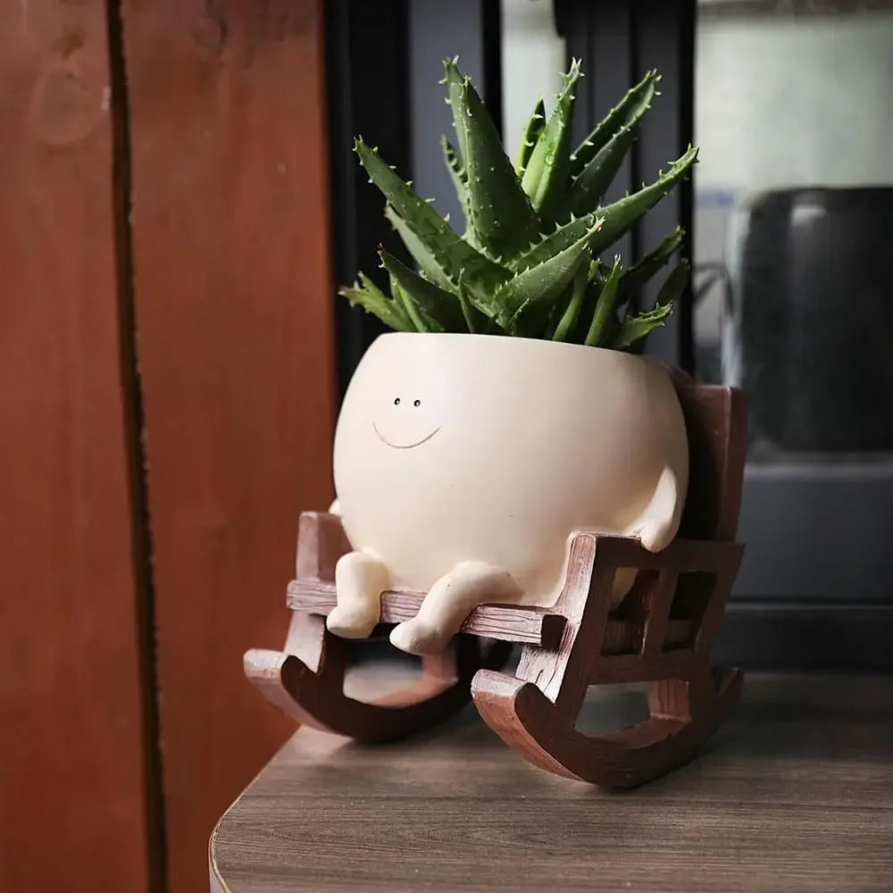 CUTE Face Planter Pots for Indoor Plants Cute Resin Head Planters, Sit Rocking Chair Succulent Pots with Drainage Hole