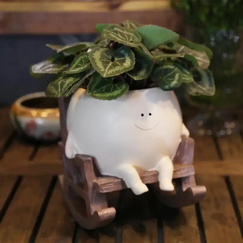 CUTE Face Planter Pots for Indoor Plants Cute Resin Head Planters, Sit Rocking Chair Succulent Pots with Drainage Hole